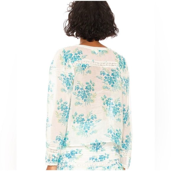 LoveShackFancy Mauro Blouse Button Down Floral Print Magic Turquoise XS - Picture 3 of 6